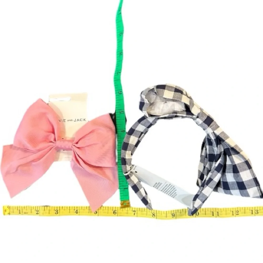 NWT Janie & Jack Hair Accessory Set Pink Bow Navy/White Gingham Headband